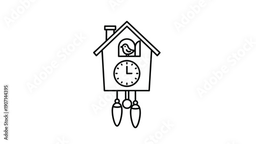 Icon-style line drawing of a traditional cuckoo clock with a small bird emerging from the door and hanging weights below.