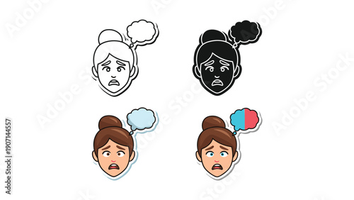 Woman with worried expression and thought bubble, diverse styles, ideal for conveying anxiety, concern and difficult decisions.