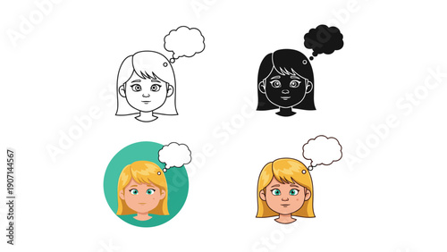 Girl thinking with empty speech bubble illustration, diverse styles, perfect for concepts of childhood wonder, ideas and communication.