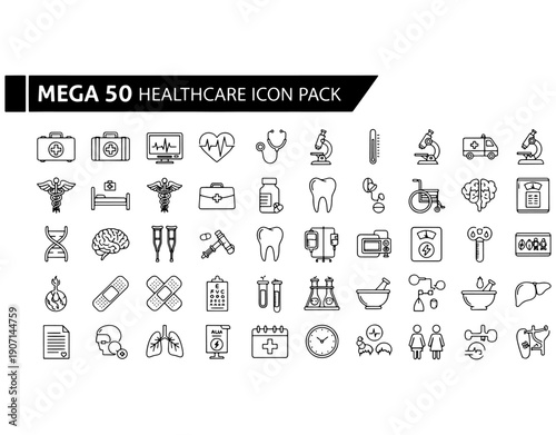 Icon set of healthcare and medical-related symbols for mega 50 icon pack