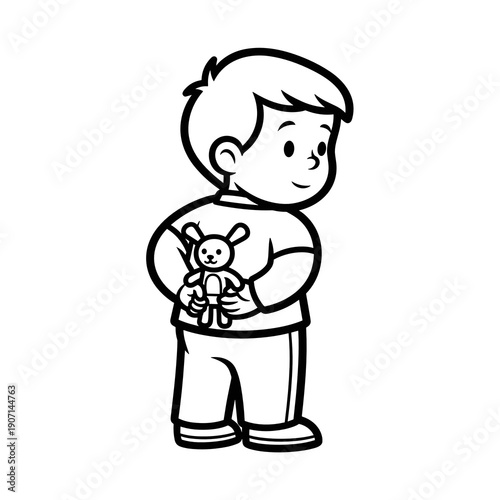 Young child hiding toy behind back and smiling in playful pose  