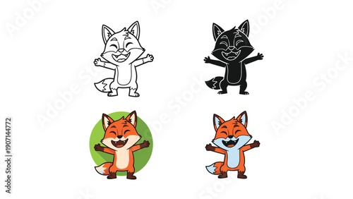 Joyful fox with arms outstretched, line art, silhouette, and color styles
