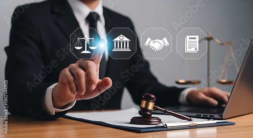 Lawyer using digital interface with icons representing justice scale, government building, handshake agreement, and legal document near gavel and laptop technology.