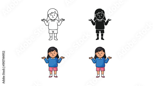 Confused girl shrugging shoulders, icon set in line, silhouette, and color