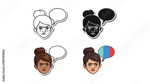 Angry girl's face with thought bubbles in four styles: outline, silhouette, and two color versions