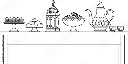 Minimal Line Art Arabic Sweets and Tea Table Illustration with Desserts Traditional Lantern and Teapot for Ramadan Design