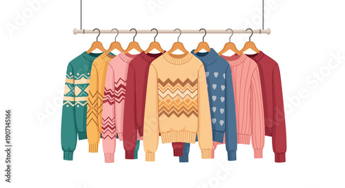 A vibrant collection of colorful patterned sweaters in various styles and shades hangs neatly from a wooden clothing rod.