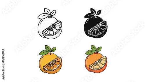 Orange fruit icons: whole and sliced, with leaves, in line art, silhouette, and color