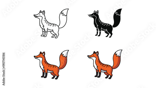 Fox illustration in various styles: line art, silhouette, and color
