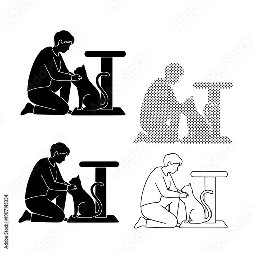 Cat owner interaction scratching post multi style silhouette vector