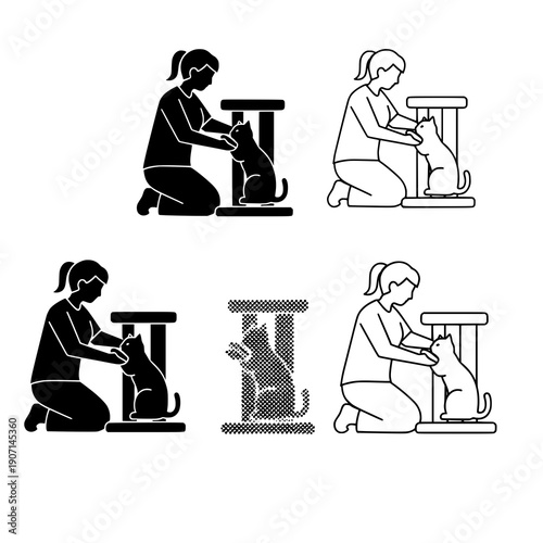 Modern person and cat scratching post silhouette styles flat vector