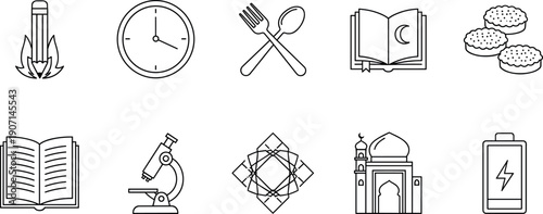 Minimal line icon set with book, microscope, mosque, food, time and energy symbols modern vector illustration