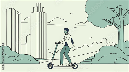 Young professional riding electric scooter through modern city park