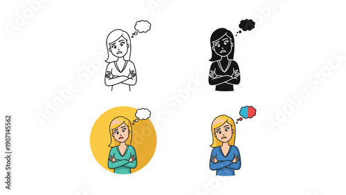 Slightly Annoyed Girl with Crossed Arms and Thought Cloud Icon Set