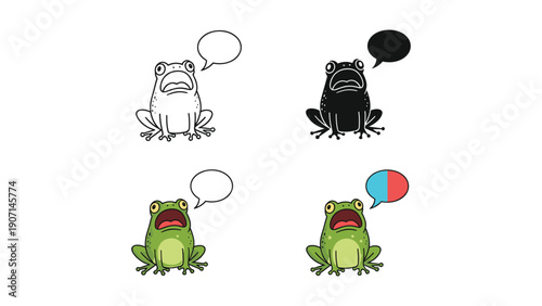 Shocked Cartoon Frog Yelling with Speech Bubbles, Different Styles