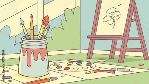 Artist's workspace with paintbrushes and canvas on easel