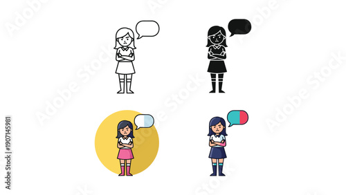 Frustrated Girl with Arms Crossed and Speech Bubble Icon Set