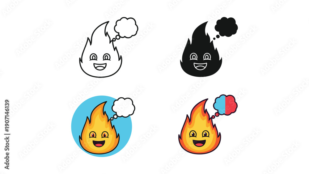 Obraz premium Anthropomorphic flame character with cute face and speech bubble icon