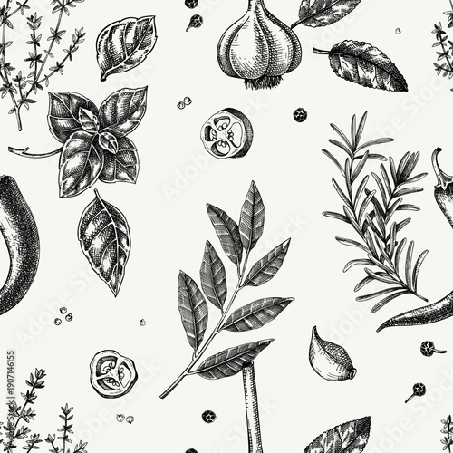 Hand drawn culinary herbs, spices and kitchen ingredients background. Natural food seamless pattern for packaging, branding, labels, menus. NOT AI generated