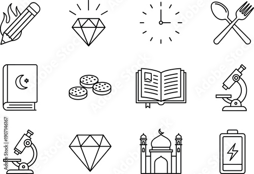 Minimal line icon set with education, science, time, food, energy, book and mosque symbols modern vector illustration