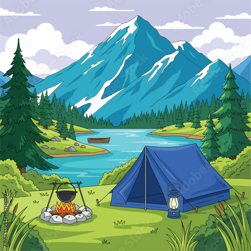 Flat vector illustration of a blue camping tent by a lake with a campfire and snowy mountain