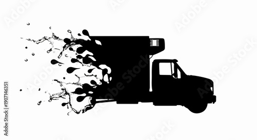 Silhouette of a delivery truck dissolving into abstract splashes, symbolizing speed and movement.