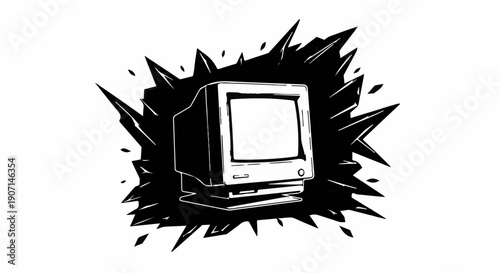 Retro computer monitor with abstract explosion graphic