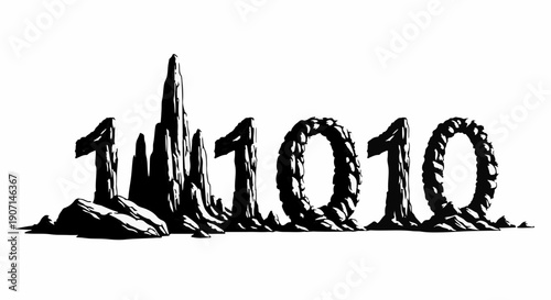 Digital landscape formed by binary code and rocky elements, symbolizing technology and nature merging.