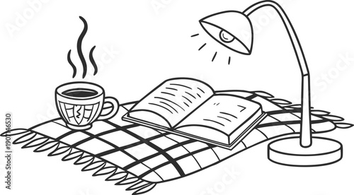 Cozy reading nook with steaming cup of coffee and book under warm lamp light on plaid blanket
