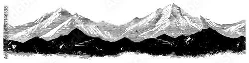 Vintage engraving illustration of high mountain peaks with horizontal line hatching