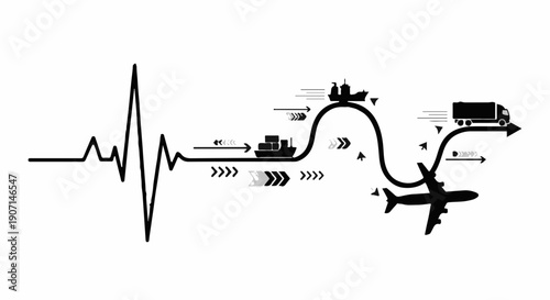 Global logistics network connecting different modes of transport with a heartbeat rhythm.