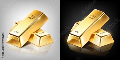 Realistic gold bars set. 3d illustration of shiny yellow metal ingots isolated on white and black background. wealth economic and banking concept, vector illustration