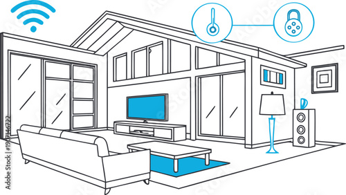 Experience the future of living with this smart home interior, featuring seamless wireless technology integration and stylish modern furniture for a cozy atmosphere