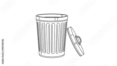 Metal garbage bin with its lid leaning against the side is shown in a clean line drawing representing urban waste management.