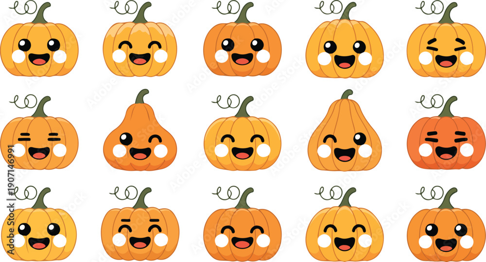 Fototapeta premium Cute Kawaii Pumpkin Faces Vector Set Funny Expressions for Halloween & Autumn