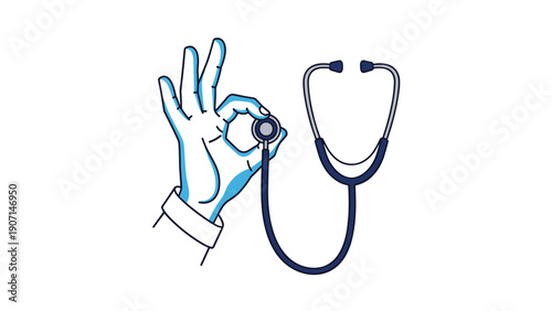 Hand in a blue-tinted illustration makes an okay sign while holding a medical stethoscope to signify health and professional success.