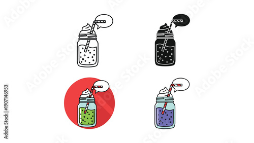 Mason jar drink with whipped cream and straw, with a thought bubble, in four styles: outline, silhouette, and two colored versions.