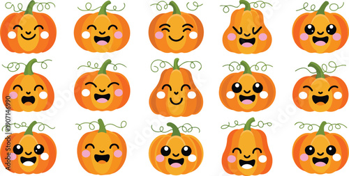 Cute Kawaii Pumpkin Faces Vector Set  Funny Expressions for Halloween & Autumn