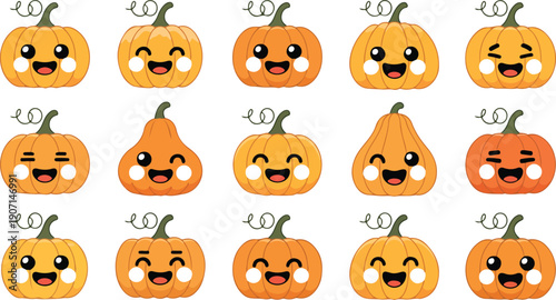 Cute Kawaii Pumpkin Faces Vector Set  Funny Expressions for Halloween & Autumn