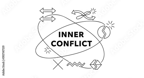 Inner conflict concept with abstract vector illustration, line art, for psychology or mental health themes, Isolated on transparent background, png
