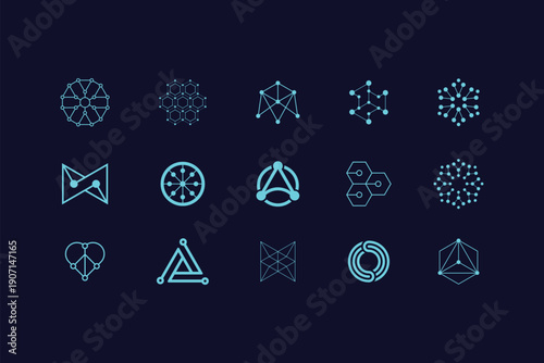 Advanced Tech and Connectivity Icons – Professional Geometric Vector Set for AI, Data, and Blockchain