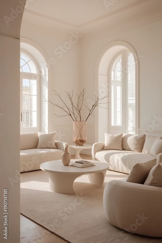 Poetic modern living room interior with curved furniture and arched windows