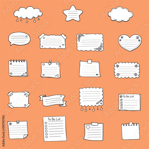 Set of hand-drawn to-do list templates in various shapes such as stars, clouds, and hearts, ideal for planners and notes. Vector illustration on a vibrant orange background.