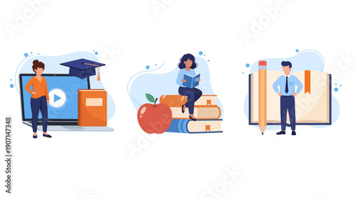 Education and e-learning concept set with online study and reading illustrations