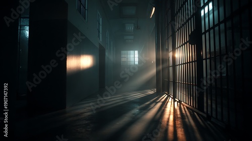 Dark prison corridor with bars and sunlight streaming through