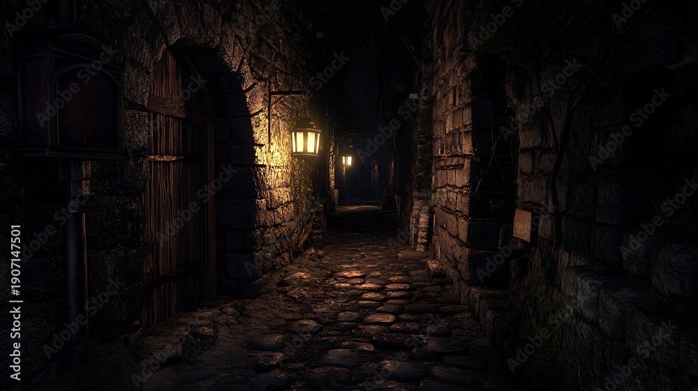 Obraz premium Narrow medieval cobblestone alleyway illuminated by warm antique lanterns creating a dramatically dark, mysterious, and atmospheric fantasy adventure setting