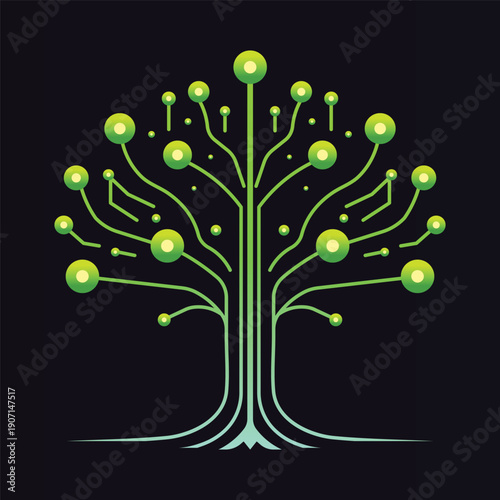 Abstract digital technology tree with circuit board branches and glowing data nodes representing artificial intelligence and sustainable green tech connectivity