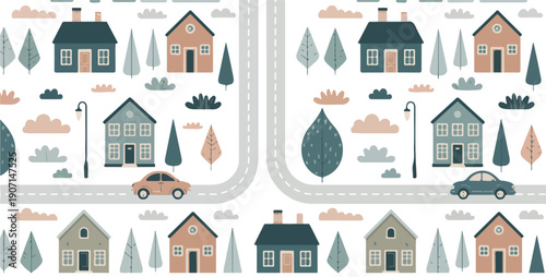 Cute Minimalist Town Vector Set  Pastel Houses, Cars & Cozy Neighborhood