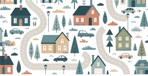 Cute Minimalist Town Vector Set  Pastel Houses, Cars & Cozy Neighborhood