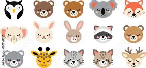 Cute Animal Face Vector Set Owl, Bear, Koala, Fox, Rabbit, Giraffe & Deer